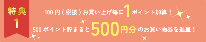 特典１：100円(税抜)お買い上げ毎に1ポイント加算！500ポイント貯まると500円分のお買い物券を進呈！